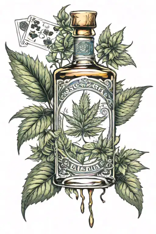 blackjack cards weed plant growing together bottle of whiskey tattoo design idea
