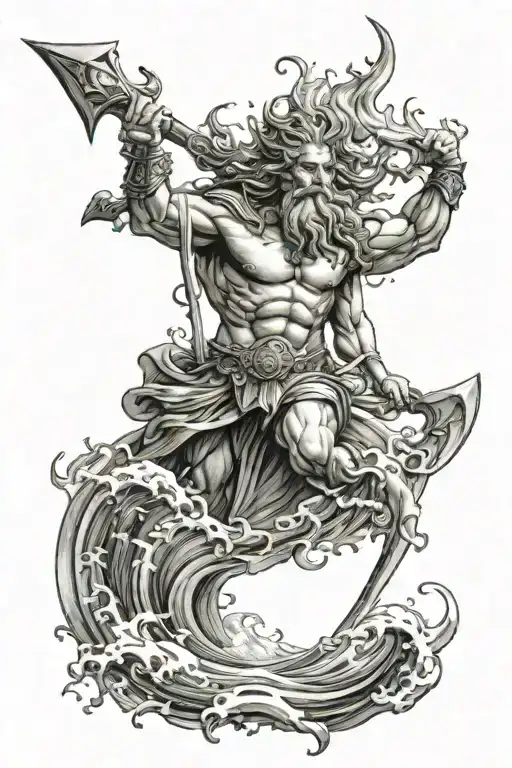 a portrait of Poseidon with his trident and waves tattoo design idea