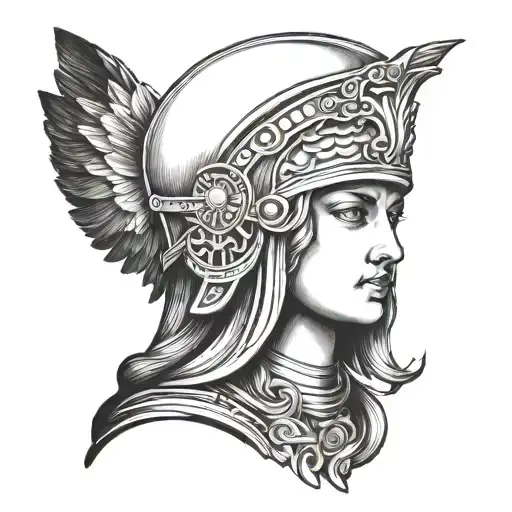 a portrait of Athena goddess head with helmet on tattoo design idea