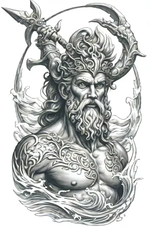 a portrait of Poseidon with his trident and waves tattoo design idea