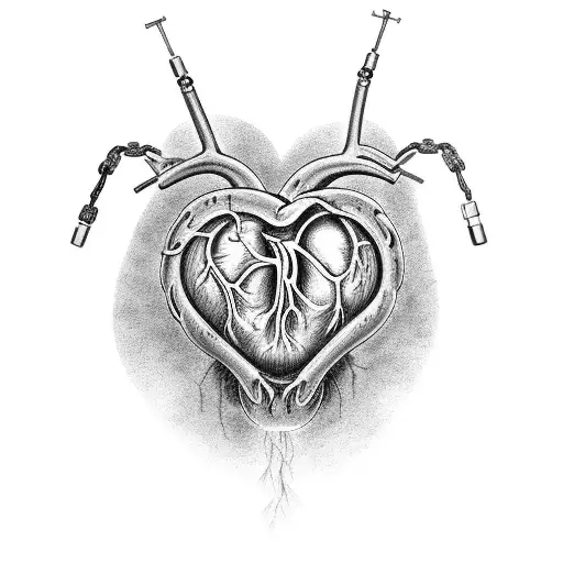 A black-grey tattoo of an anatomical heart intertwined with chains tattoo design idea