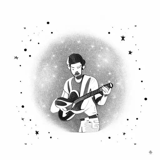 A black-grey tattoo of a musician playing a guitar under a starry sky tattoo design idea