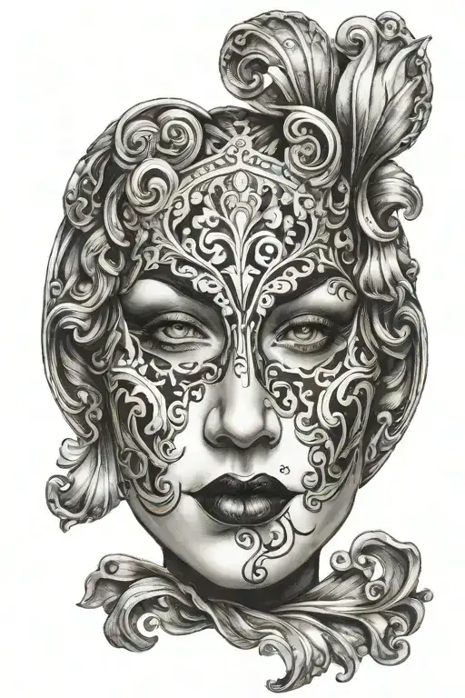 Happy venetian maks half of face crumbling revealing sad mask tattoo design idea