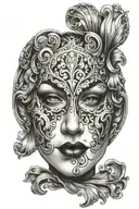 Happy venetian maks half of face crumbling revealing sad mask tattoo design idea