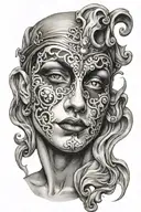 Happy venetian maks half of face crumbling revealing sad mask tattoo design idea