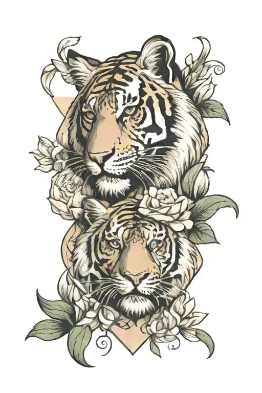 Tiger with Roses and lilies half geo symteric shapes tattoo design idea