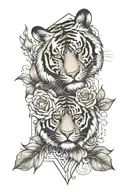Tiger with Roses and lilies half geo symteric shapes tattoo design idea