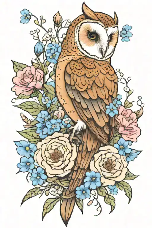 American barn owl surrounded by carnations and forget me not flowers tattoo design idea