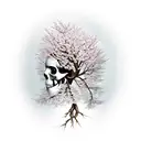 cherry blossom tree with root system in the shape of a beautiful face reflected into a skull root system and dead tree tattoo design idea