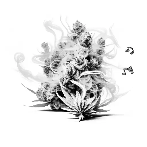A music equalizer made of smoke and surrounded by cannabis leaves tattoo design idea
