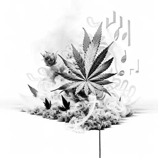 A music equalizer made of smoke and surrounded by cannabis leaves tattoo design idea
