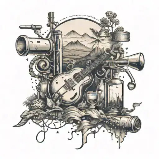 A striking tattoo design of a surreal landscape with hidden musical instruments and bottles of alcohol, reflecting your love for music and entertainment tattoo design idea
