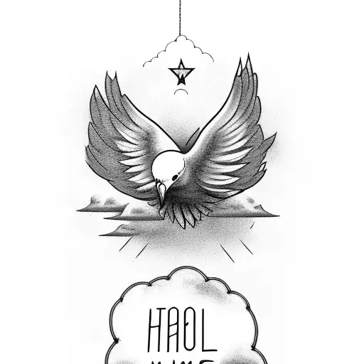 cloud background with words hear me calling over the top with a dove underneath tattoo design idea