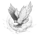 cloud background with words hear me calling over the top with a dove underneath tattoo design idea