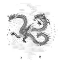 Raining Feathers, path going upwards, predators, dragon flying around, black and white  tattoo design idea