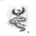 Raining Feathers, path going upwards, predators, dragon flying around, black and white  tattoo design idea