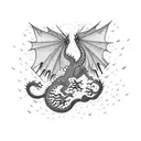 Raining Feathers, path going upwards, predators, dragon flying around, black and white  tattoo design idea