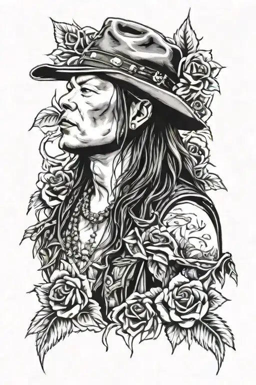 A realistic portrait of Axl Rose from Guns N Roses surrounded by roses and guns tattoo design idea