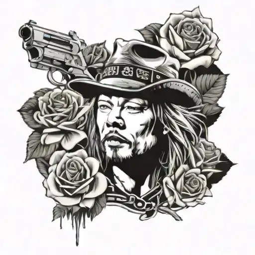 A realistic portrait of Axl Rose from Guns N Roses surrounded by roses and guns tattoo design idea
