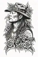 A realistic portrait of Axl Rose from Guns N Roses surrounded by roses and guns tattoo design idea