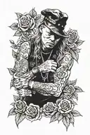 A realistic portrait of Axl Rose from Guns N Roses surrounded by roses and guns tattoo design idea