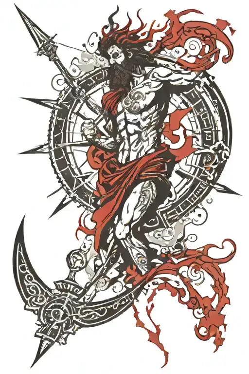 Greek patterns on top, Poseidon in the middle with a trident, compass at the bottom. tattoo design idea