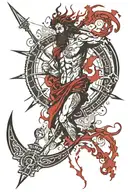 Greek patterns on top, Poseidon in the middle with a trident, compass at the bottom. tattoo design idea