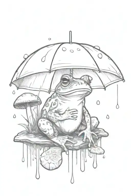 frog sitting on mushroom under umbrella in the rain tattoo design idea