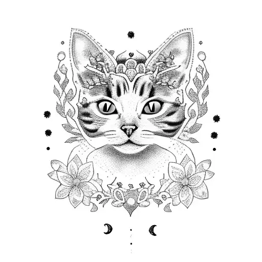 A dotwork tattoo of a cat sitting on a tree branch, surrounded by delicate flowers and a crescent moon shining above, representing the client's love for cats, flowers, and the moon. tattoo design idea