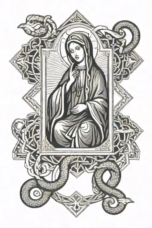 icon of the Virgin Mary in a rectangle with a snake entwined tattoo design idea