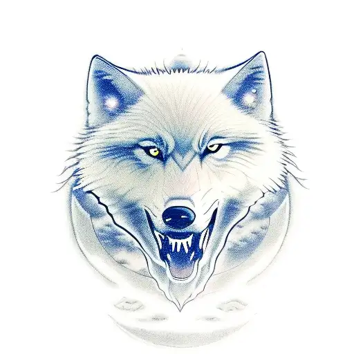 A white wolf dog surrounded by samurais in Japan with a full moon as a background and a japanese mountain range tattoo design idea