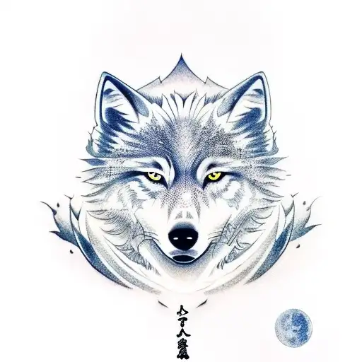 A white wolf dog surrounded by samurai in Japan with moon as a background and a mountain range tattoo design idea