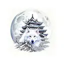 A white wolf dog surrounded by samurais in Japan with a full moon as a background and a japanese mountain range tattoo design idea