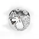A white wolf dog surrounded by samurais in Japan with a full moon as a background and a japanese mountain range tattoo design idea