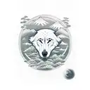 A white wolf dog surrounded by samurais in Japan with a full moon as a background and a japanese mountain range tattoo design idea