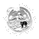A white wolf dog surrounded by samurais in Japan with a full moon as a background and a japanese mountain range tattoo design idea