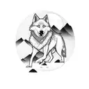 A white wolf dog surrounded by samurais in Japan with a full moon as a background and a japanese mountain range tattoo design idea
