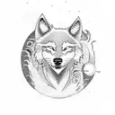 A white wolf dog surrounded by samurais in Japan with a full moon as a background and a japanese mountain range tattoo design idea