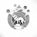 A white wolf dog surrounded by samurais in Japan with a full moon as a background and a japanese mountain range tattoo design idea