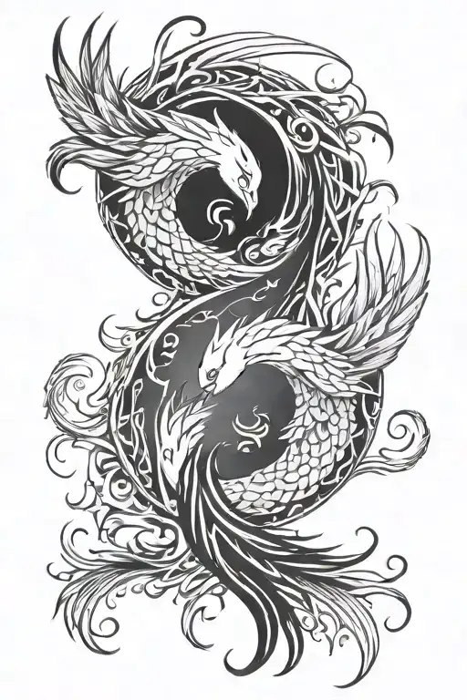 A phoenix and cat intertwined in a yin-yang symbol, representing balance and harmony in life and interests tattoo design idea
