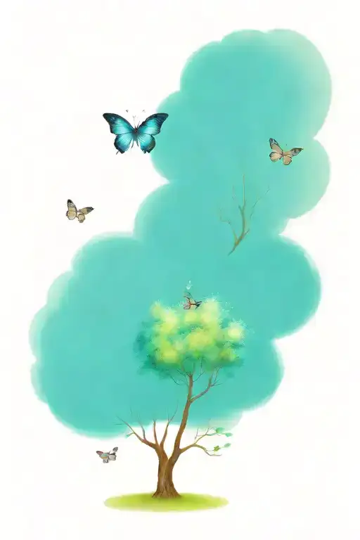 big willow tree over two little lilac bushes with butterflies tattoo design idea