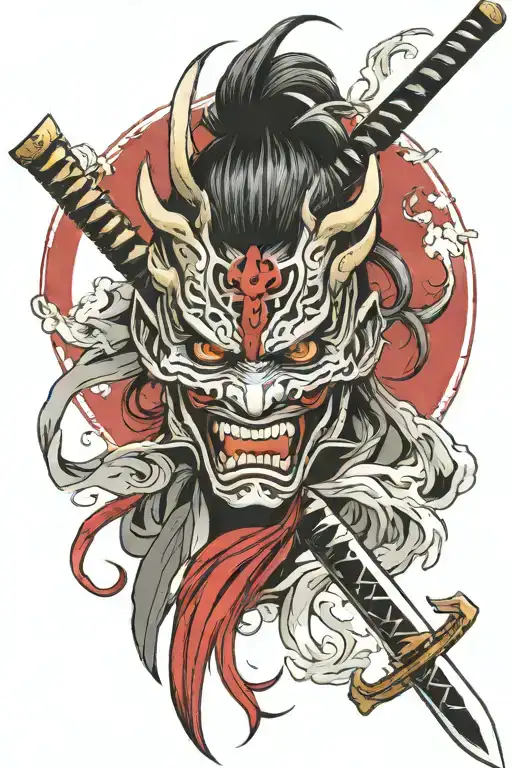 just oni mask katana sword piercing tattoo design idea