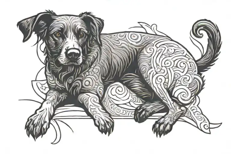 black  dog laying on line work tattoo design idea