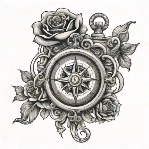 compass, anchor, roses intertwined tattoo design idea