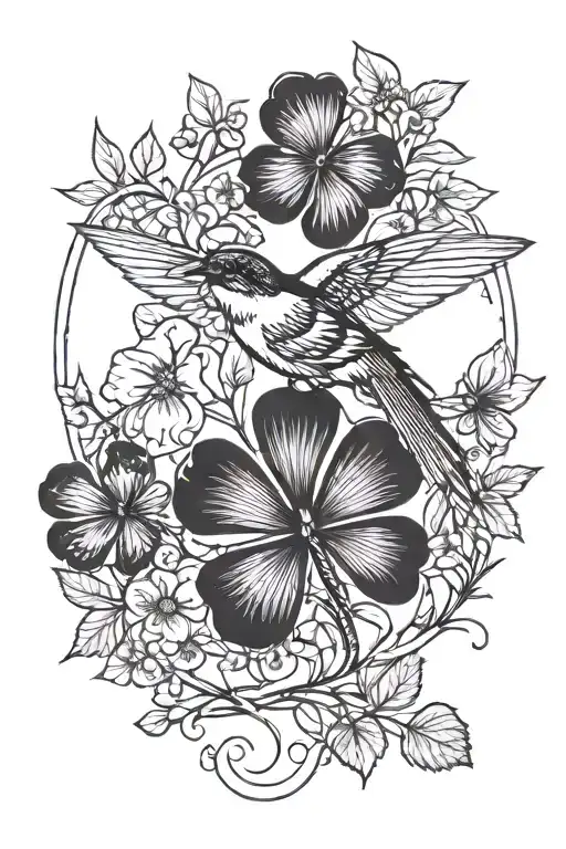 swallow and butterfly and olive branch and 4 leaf clover tattoo design idea