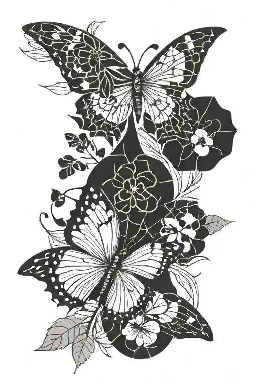 swallow and butterfly and olive branch and 4 leaf clover tattoo design idea