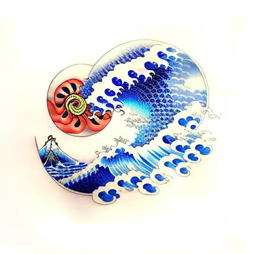 wave with wingfoiler and paraglider tattoo design idea