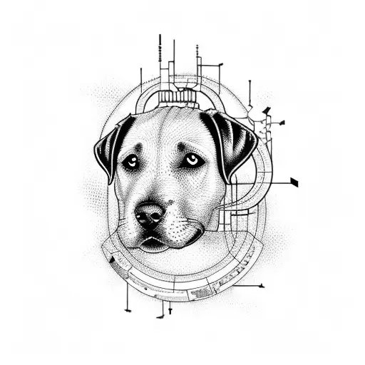 An intricate silhouette of a Labrador surrounded by electrical symbols tattoo design idea