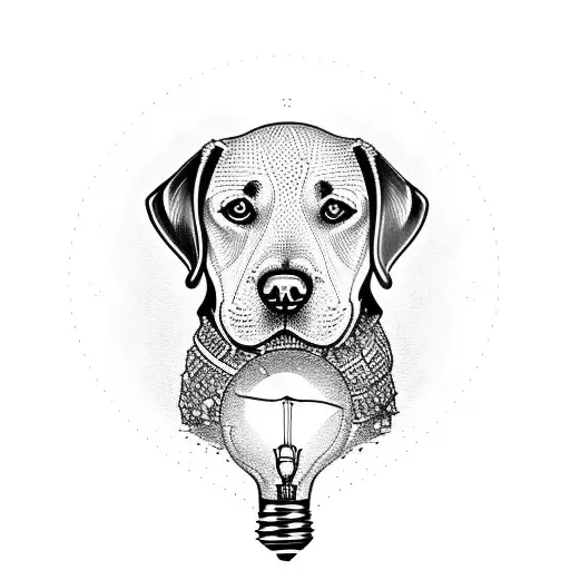 A dotwork tattoo of a Labrador balancing on a lightbulb tattoo design idea