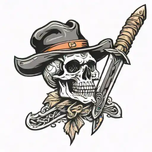 WIlly g Skull with crossed Bowie knife and tomahawk tattoo design idea